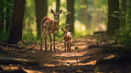 Baby deer walking with the mother in the wood, in the style of photo-realistic landscapes, Generative AIの素材