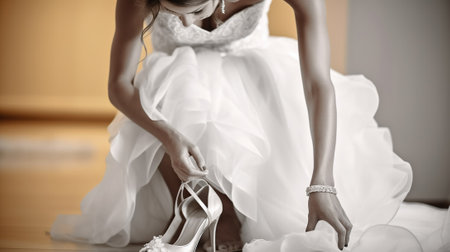 The Bride's Elegant Moment as She Slips on her Wedding Shoes. Generative AIの素材