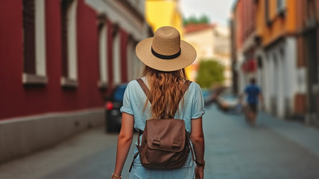 Rear view of a girl with hat and backpack walking on street. Generative AIの素材