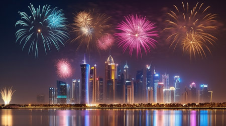 The illuminated urban skyline of Doha, with fireworks for a celebration event, Generative AIの素材