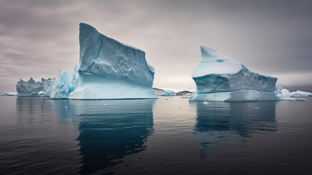 Two icebergs in dark water in Antarctica. Generative AIの素材