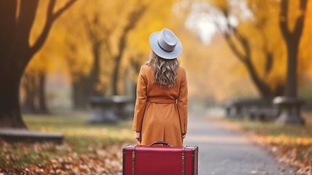 Back view of a beautiful young woman with vintage suitcase in a autumn park. Generative AIの素材