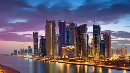 Panorama of the city center of Doha, during a cloudy sunset, Generative AIの素材