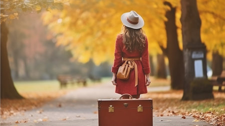 A Young Woman and Her Vintage Suitcase Amidst Autumn's Splendor. Generative AIの素材
