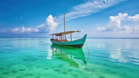 Serene Harmony in the Emerald Waters and Skies Enveloping the Lone Boat. Generative AIの素材