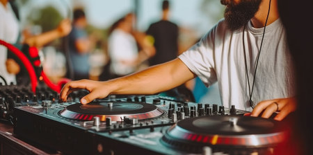 Cropped anonymous dj playing music on mixing console during music festival, Generative AIの素材