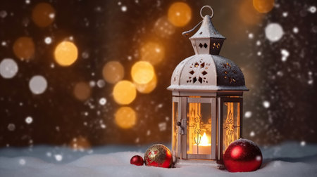 Lantern with snowfall and christmas decorations. Generative AIの素材