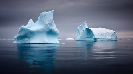 Two icebergs melted in dark water in Antarctica. Generative AIの素材