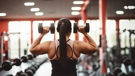 Rear view of strong woman exercising with dumbbells at the gym. Generative AIの素材