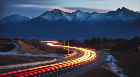 Light color car trails on curved highway with mountains on background, Generative AIの素材