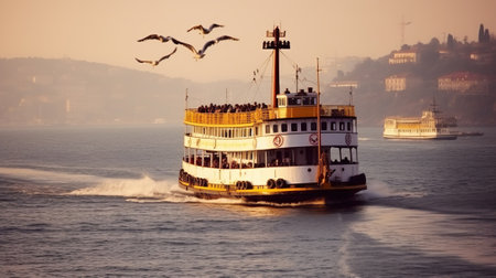 Sailing Through the Bosphorus on an Old Ferry, Capturing the Essence of a Bygone Era. Generative AIの素材