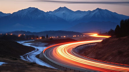 Vibrant Car Traces Amidst Majestic Mountain Scenery. Generative AIの素材