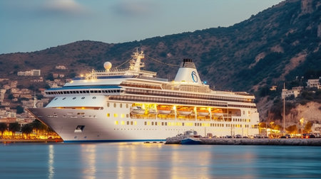 Beautiful white giant luxury cruise ship on stay at harbor, Generative AIの素材
