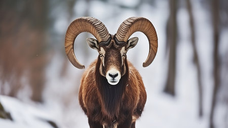 Mouflon, Ovis orientalis, forest horned animal in nature habitat. Close-up portrait of mammal with big horns, Generative AIの素材