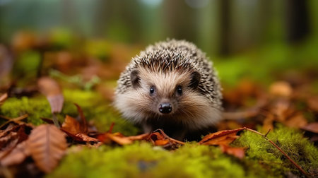 European Hedgehog, on a green moss in the forest, Cute funny animal with snipes. Hedgehog in dark wood, autumn image. Generative AIの素材