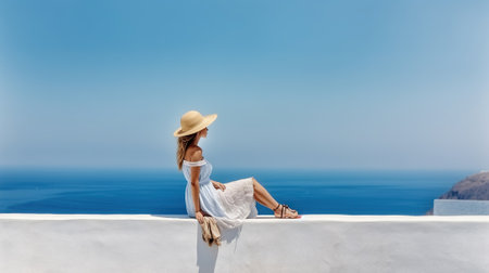 A tourist woman in a summer dress sits on a white wall on front of the blue Sea. Generative AIの素材