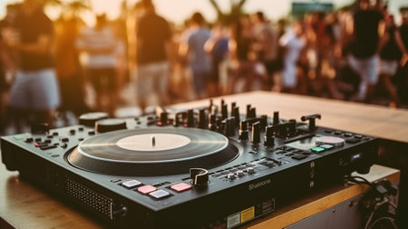 Modern dj mixer placed on table on stage near crowd of people, music festival. Generative AIの素材