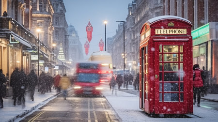 Winter scene on a shopping high street with a red bus, telephone booth and snowfall, Generative AIの素材
