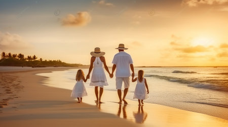 A elegant family in white summer clothing walks hand in hand down a tropical paradise beach during sunset time. Geneartive AIの素材