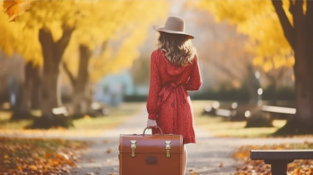A Young Woman and Her Vintage Suitcase Amidst Autumn's Splendor. Generative AIの素材