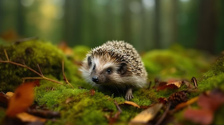 Hedgehog in dark wood, autumn image. European Hedgehog, on a green moss in the forest, Generative AIの素材