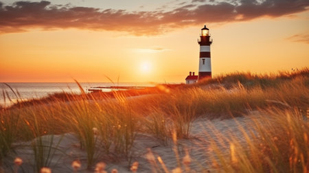 Lighthouse with illuminated grass at sunset in scene of summer beach. Generative AIの素材