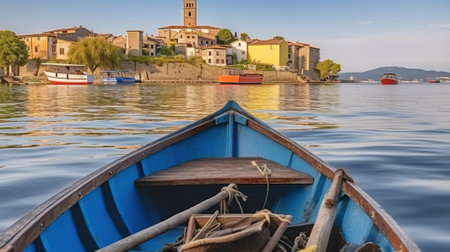 A Picturesque View of Marta City through a Fleet of Boats on Lake Bolsena, Generative AIの素材