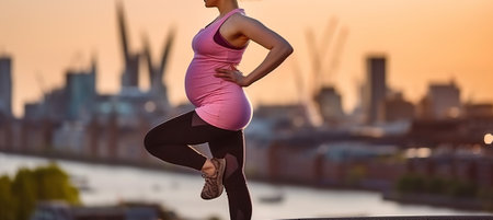 Pregnant woman does her stretching after workout. Generative AIの素材
