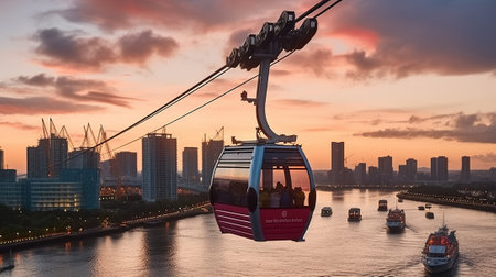 The Cable Car's Serene Crossing of the Thames, Framed by the Glowing City Skyline, Generative AIの素材