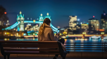 An Urban Woman Engrossed in the Nighttime Glow. Sitting on a bench and looking at her smartphone. Generative AIの素材