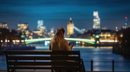 Rear view, A urban woman sitting on a bench and looking at her smartphone during night time in front of the illuminated city skyline. Generative AIの素材