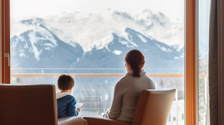 Mother and her son sitting in a comfortable chair with tablet next to the window with look at snow covered mountain. Generative AIの素材