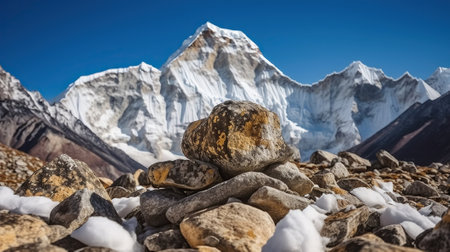 View to snow peak through stones in valley, Generative AIの素材