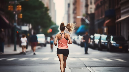 Woman running on City street at the morning. Generative AIの素材