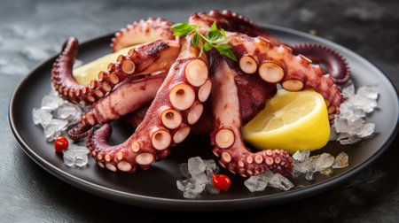 Cooked octopus on plate with ice. Generative AIの素材