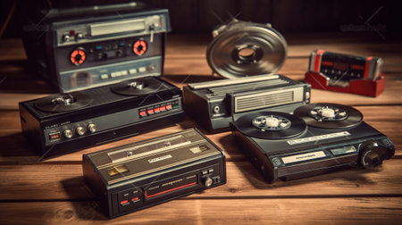 Vinyl records, cassette tapes and cassette recorder on wooden table. Generative AIの素材