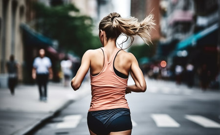 Woman running on City street at the morning. Generative AIの素材