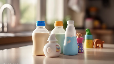 Baby Milk Bottles and Playful baby Toys Set in the Kitchen. Generative AIの素材