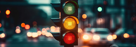 A traffic light at a street crossroads with a beautiful bokeh city and cars in the background. Generative AIの素材