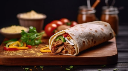 Succulent Shawarma Delight on a Rustic Wooden Board. Generative AIの素材