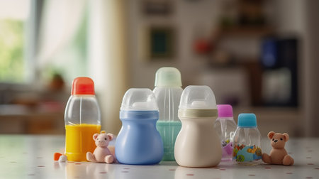 Bottles of Baby Milk and Toys Adorn the Kitchen Table. Generative AIの素材