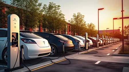 A Spectacle of Electric Cars Charging in Harmony. Generative AIの素材