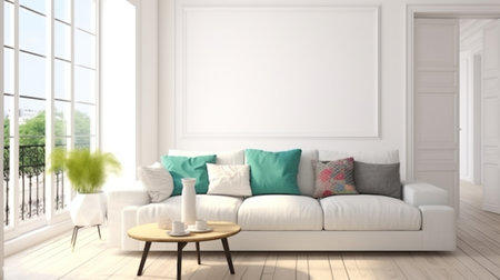 Stylish room in white color with sofa. Scandinavian interior design. 3D illustration. Generative AIの素材