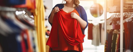 Empowering Shopping Spree - Overweight Woman Discovers Fashion Gems in a Boutique. Generative AIの素材