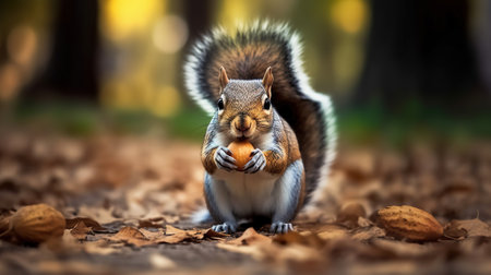 A squirrel is holding a nut in its mouth while standing on its hind legs on the ground in front of a tree and leaves on the ground, Generative AIの素材