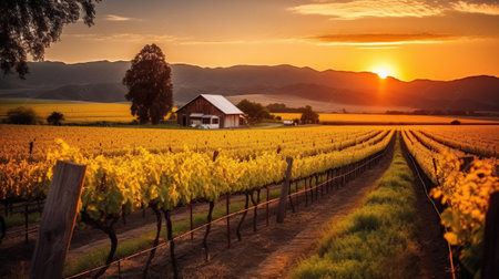 A Breathtaking Sunset Setting Over Vineyard, Mountains, and Barnscape in the distance with a fence and trees and a field with yellow flowers in the foreground. Generative AIの素材