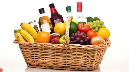 Shopping basket full of variety of grocery products, food and drink isolated on white background. Generative AIの素材