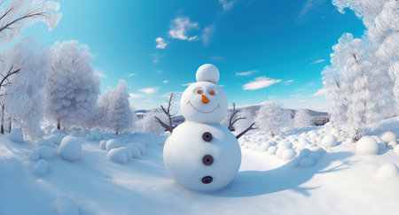 Panoramic view of happy snowman in winter scenery. Generative AIの素材