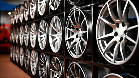 The Allure of Alloy Wheels Displayed in the Modern Tire Store. Generative AIの素材