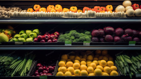 Abundance of Fresh Fruits and Vegetables in Supermarket Displays. Generative AIの素材